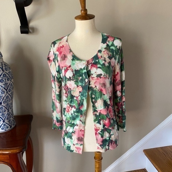 Talbots Water Color Floral Green Pink Cardigan  XS - Picture 1 of 9
